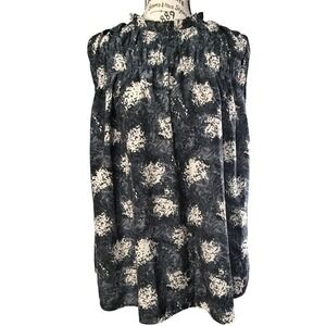 Joie Womens XL Dark Floral Smocked High Neck Sleeveless Blouse Grey Black‎ White
